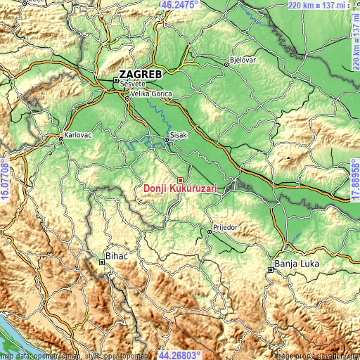 Topographic map of Donji Kukuruzari