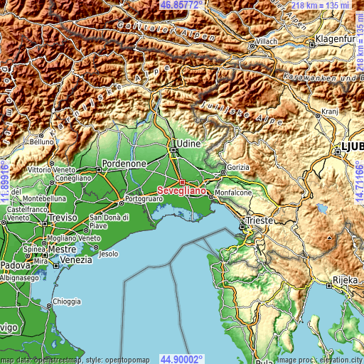 Topographic map of Sevegliano