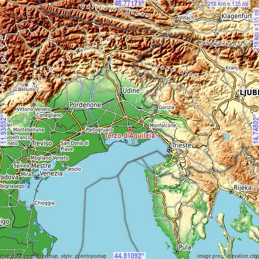 Topographic map of Terzo d'Aquileia