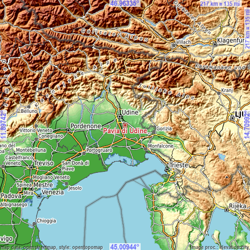 Topographic map of Pavia di Udine