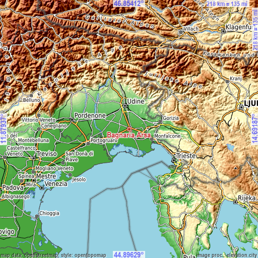 Topographic map of Bagnaria Arsa