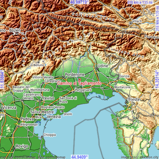 Topographic map of Camino al Tagliamento