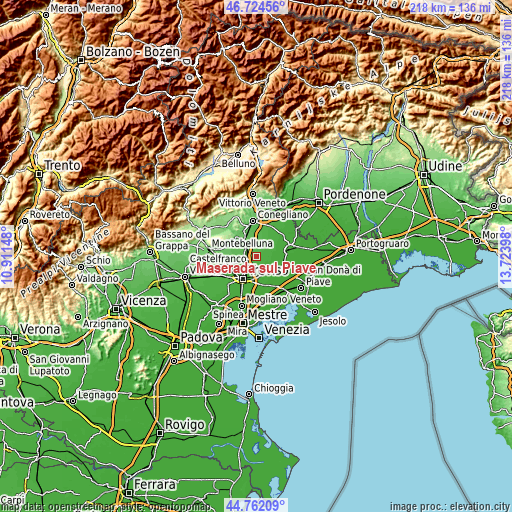 Topographic map of Maserada sul Piave