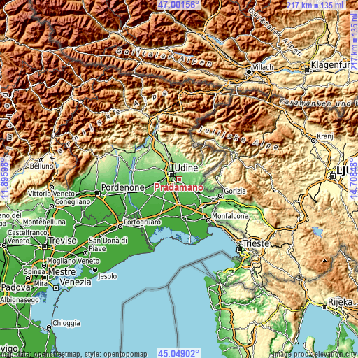 Topographic map of Pradamano