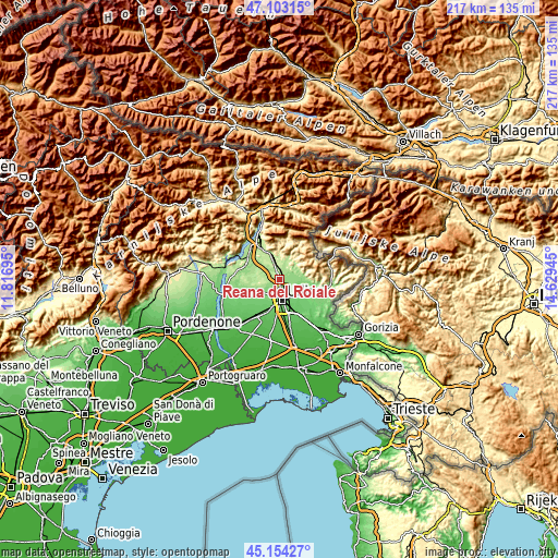 Topographic map of Reana del Roiale