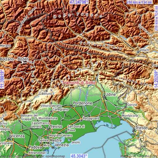 Topographic map of Tramonti di Sotto