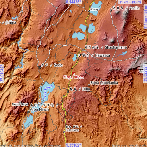 Topographic map of Yirga ‘Alem
