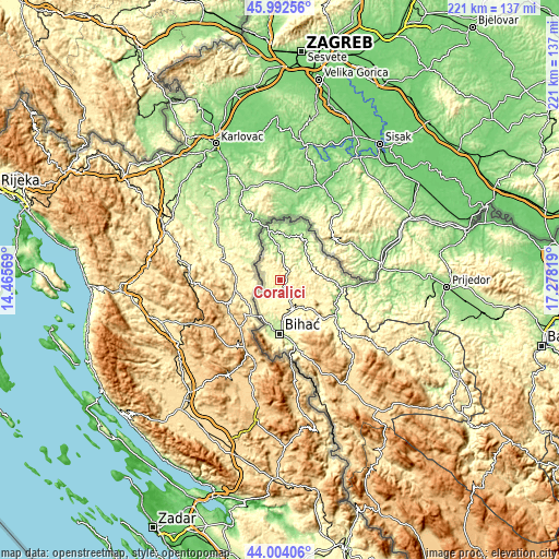 Topographic map of Ćoralići