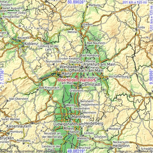 Topographic map of Mörfelden-Walldorf