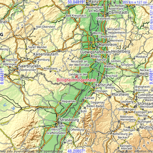 Topographic map of Billigheim-Ingenheim