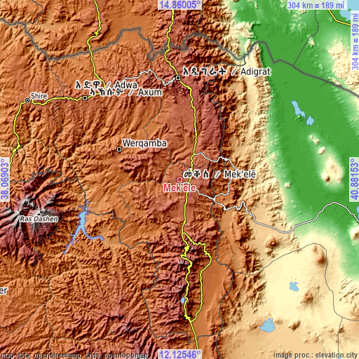 Topographic map of Mek'ele