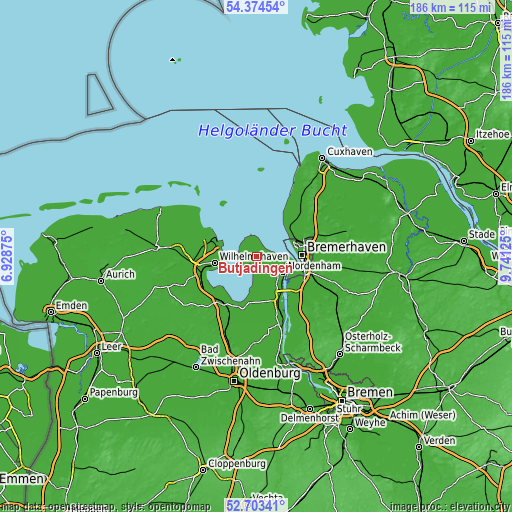 Topographic map of Butjadingen