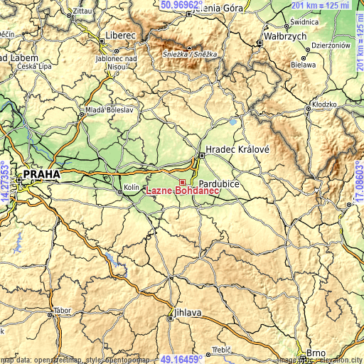 Topographic map of Lázně Bohdaneč