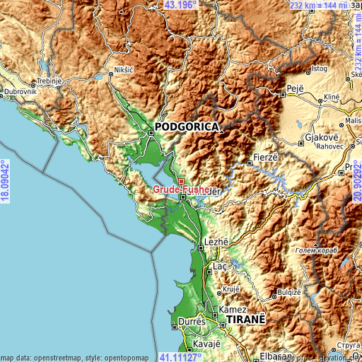 Topographic map of Grudë-Fushë