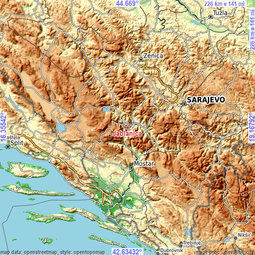 Topographic map of Jablanica