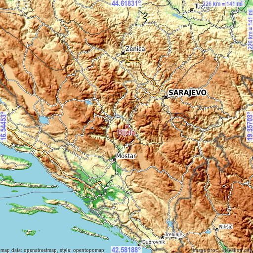 Topographic map of Bijela