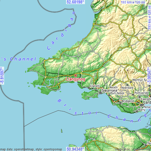 Topographic map of Llangynog