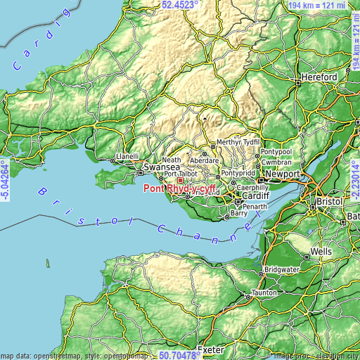 Topographic map of Pont Rhyd-y-cyff