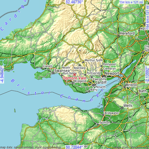 Topographic map of Ogmore Vale