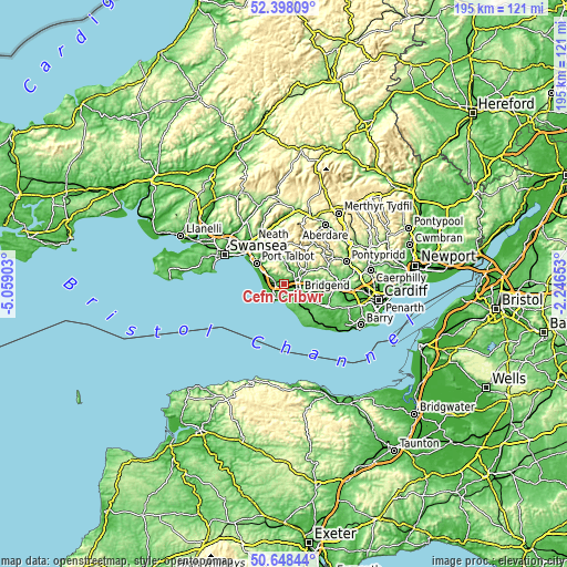 Topographic map of Cefn Cribwr