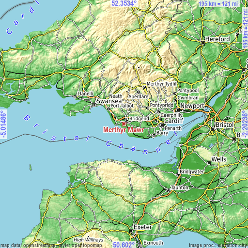 Topographic map of Merthyr Mawr