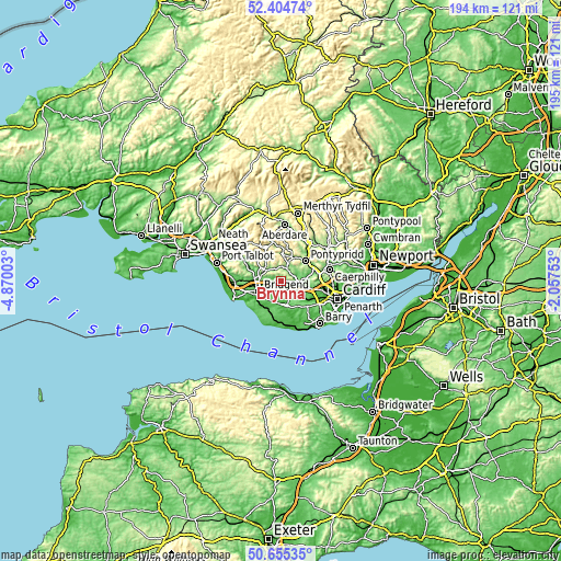 Topographic map of Brynna