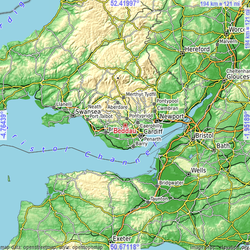 Topographic map of Beddau