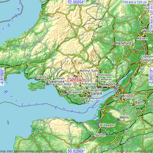 Topographic map of Cwmbach