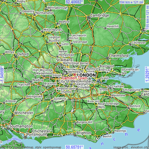 Topographic map of Camden Town