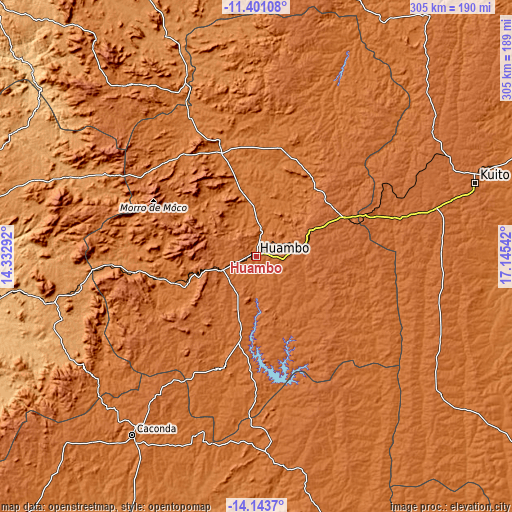 Topographic map of Huambo