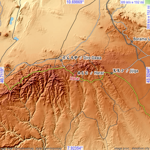 Topographic map of Harar