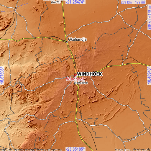 Topographic map of Windhoek