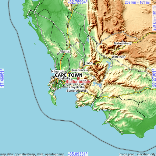 Topographic map of Stellenbosch