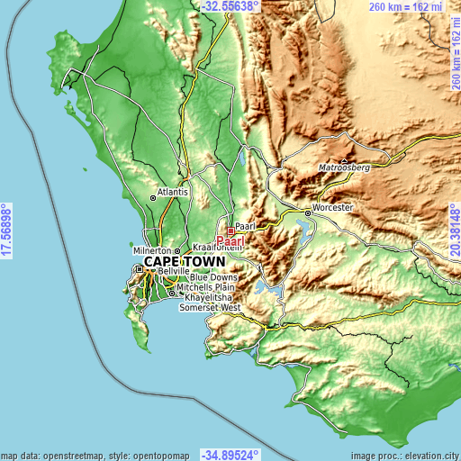 Topographic map of Paarl