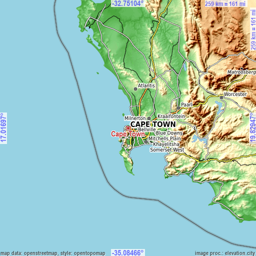 Topographic map of Cape Town