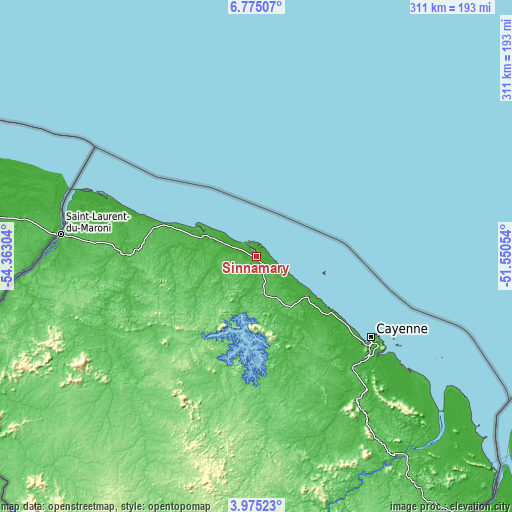 Topographic map of Sinnamary