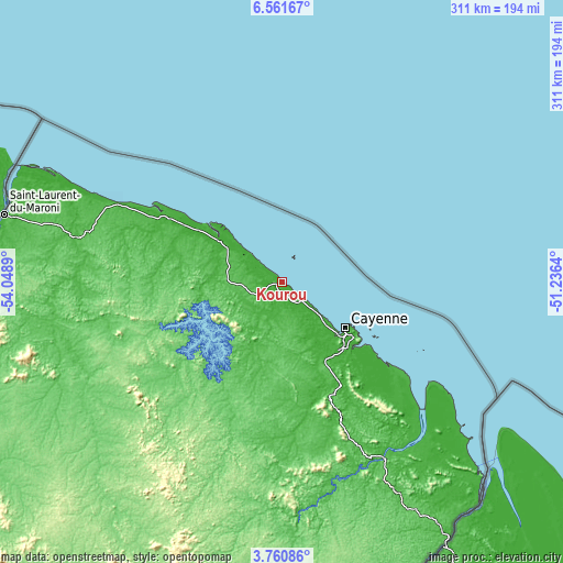 Topographic map of Kourou