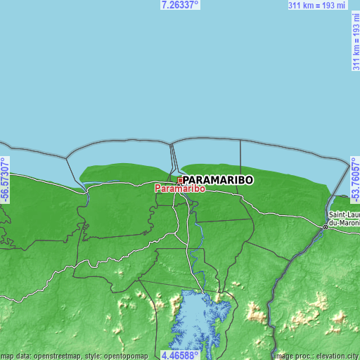 Topographic map of Paramaribo