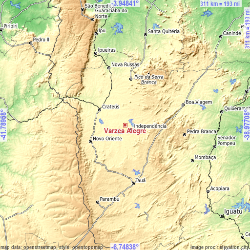 Topographic map of Várzea Alegre