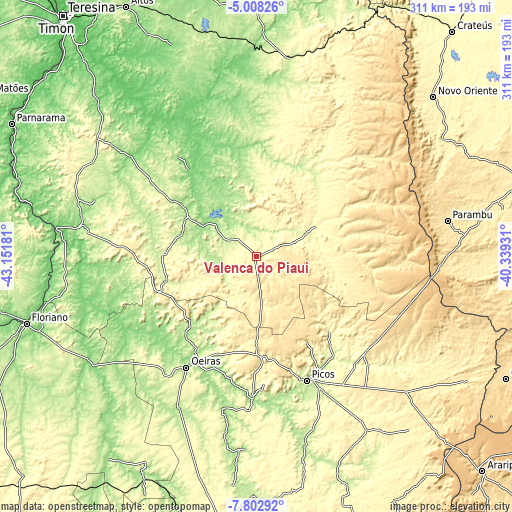 Topographic map of Valença do Piauí