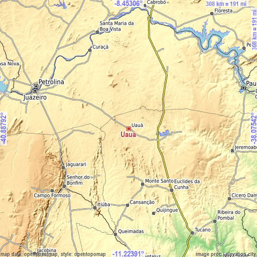 Topographic map of Uauá