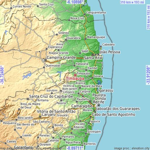 Topographic map of Timbaúba