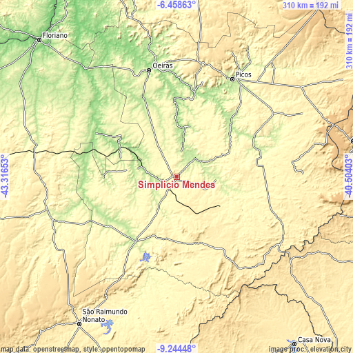 Topographic map of Simplício Mendes