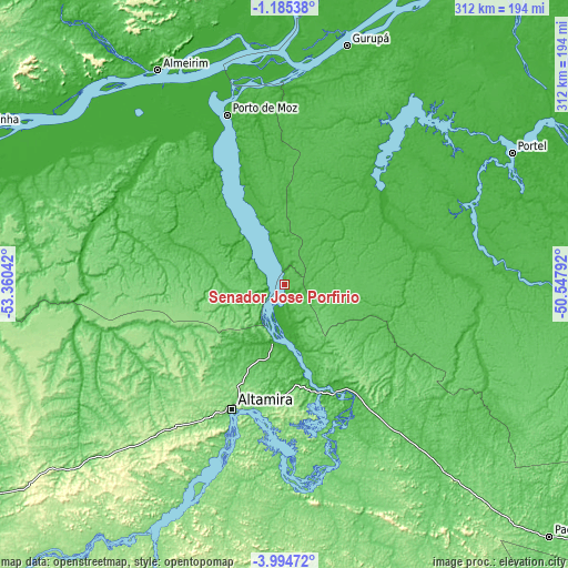 Topographic map of Senador José Porfírio