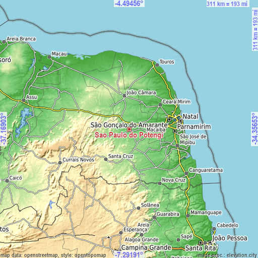 Topographic map of São Paulo do Potengi