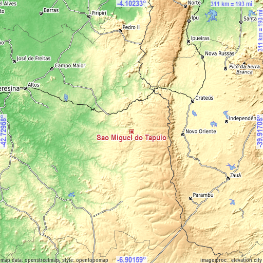 Topographic map of São Miguel do Tapuio