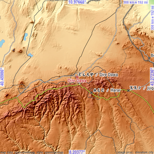 Topographic map of Dire Dawa
