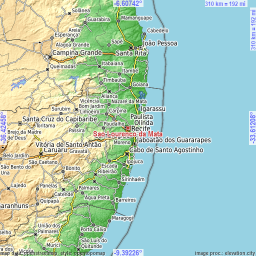 Topographic map of São Lourenço da Mata