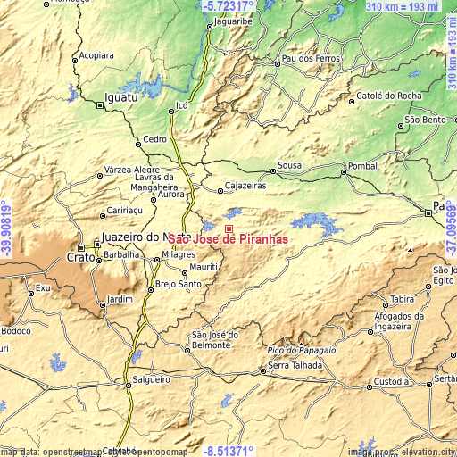 Topographic map of São José de Piranhas