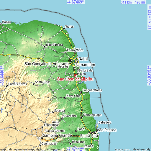 Topographic map of São José de Mipibu